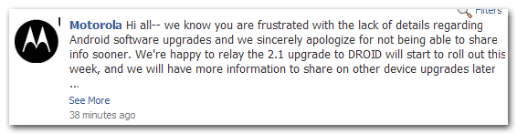 Motorola Droid เตรียมรับอัพเดต 2.1 ภายในอาทิตย์นี้