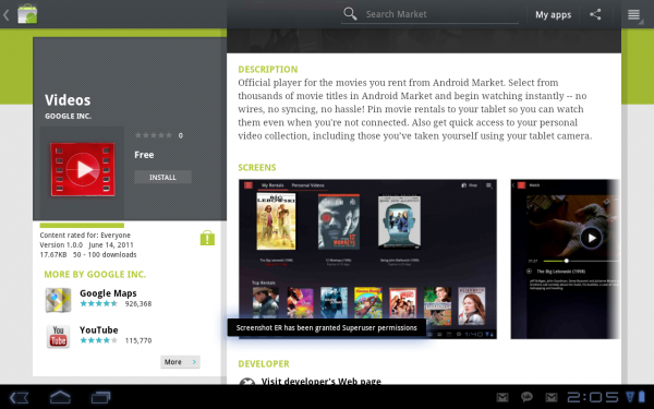 Google ปล่อยแอพ “Videos” สำหรับ Motorola Xoom Wifi ไว้ใช้บริการเช่าภาพยนต์แบบสตรีมมิ่ง