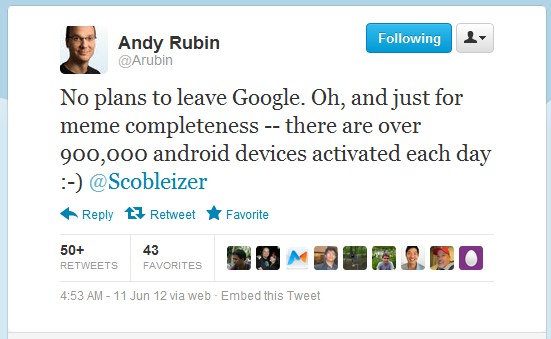 Andy Rubin เผยยังไม่ปันใจจาก Google พร้อมรายงานยอดเปิดใช้งาน android ใหม่วันละ 9 แสนเครื่อง