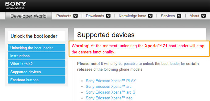 พบปัญหาในการปลดล็อค Boot Loader บน Xperia Z1 ทำให้กล้องทำงานไม่ได้