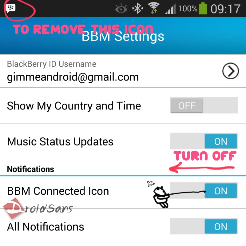 วิธีเอาไอคอน BBM บนแถบแจ้งเตือนออก
