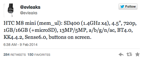 @evleaks หลุดเสปค HTC M8 Mini มาพร้อมกล้อง​ 13 ล้านพิกเซล !