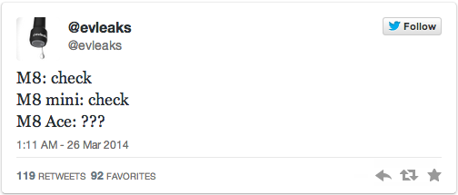 @evleaks เผยนอกจาก M8 แล้ว HTC ยังเตรียมเปิดตัว M8 Ace สมาชิกใหม่ของครอบครัว