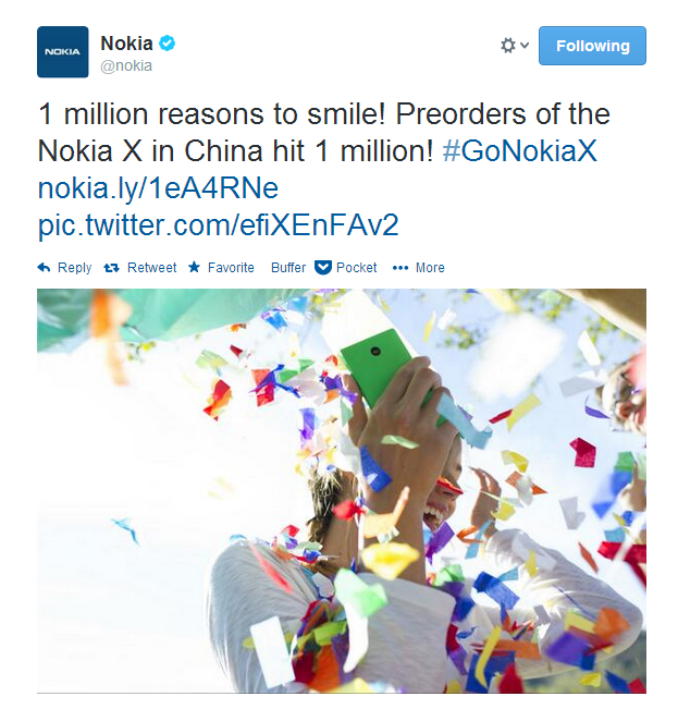 ล้านแตก…ยอด pre-order ของ Nokia X ในประเทศจีนทะลุ 1,000,000 เครื่องใน 4 วัน!