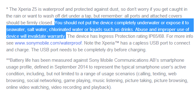 Sony เตือนบนเว็บไซต์ว่าไม่ควรแช่ Xperia Z5 ในน้ำหรือใช้งานใต้น้ำ