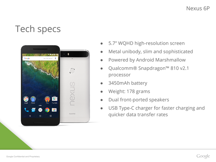 หลุดข้อมูล Nexus 6P จากสไลด์แนะนำตัวเครื่อง มาพร้อมบอดี้โลหะ, Gorilla Glass 4 มีลำโพงสเตอริโอด้านหน้า