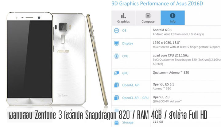 ผลทดสอบเผยสเปค Asus Zenfone 3 ใช้ชิป Snapdragon 820 ให้ RAM 4GB แต่ยังเป็นจอ Full HD