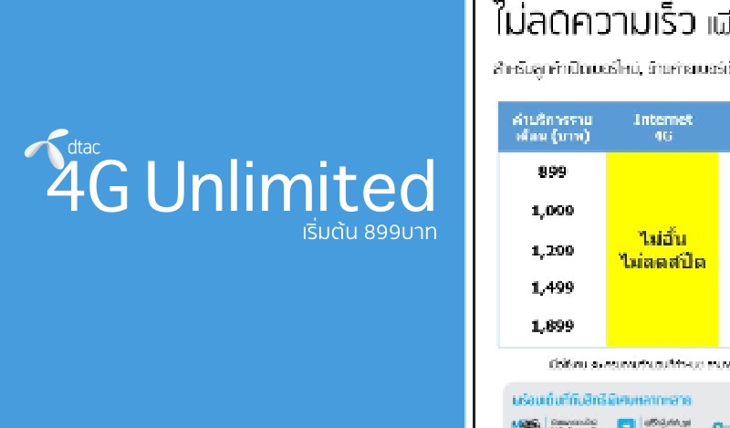 เน็ตไม่อั้น dtac ปรับแพ็กตาม AIS และ true เริ่มต้นเล่น 4G ไม่อั้น 899 บาท