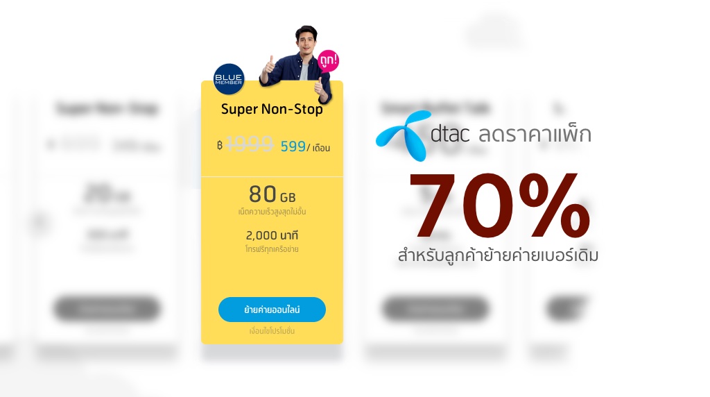 dtac จัดโปรสุดโหด Super Non – Stop เดือนละ 599 บาท ได้เน็ตความเร็วสูงสุด 80GB พร้อมโทรฟรี 2,000 นาที