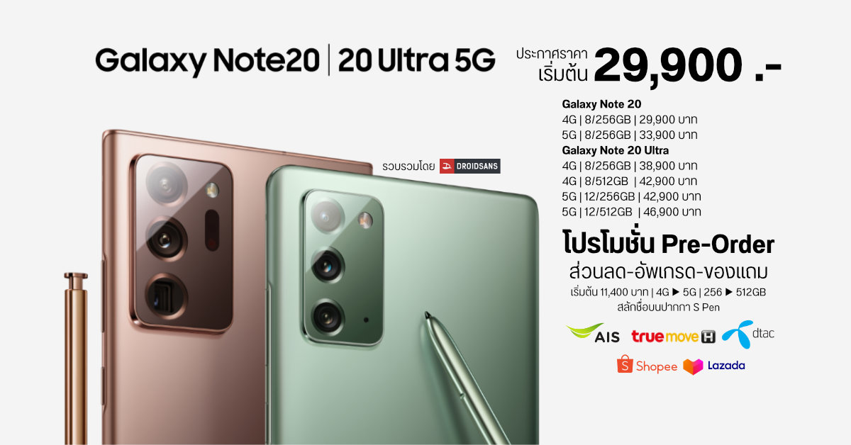 เปิดราคา Samsung Galaxy Note 20 | Note 20 Ultra เริ่มต้น 29,900 บาท พร้อมส่องโปร AIS, dtac, Truemove H, Lazada และ Shopee