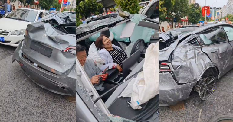 สุดอึ้ง…Tesla Model Y เกิดอุบัติเหตุรุนแรง พลิกตีลังกาหลายตลบ รถบุบยับทั้งคัน แต่ผู้โดยสารรอด นั่งไถมือถือได้