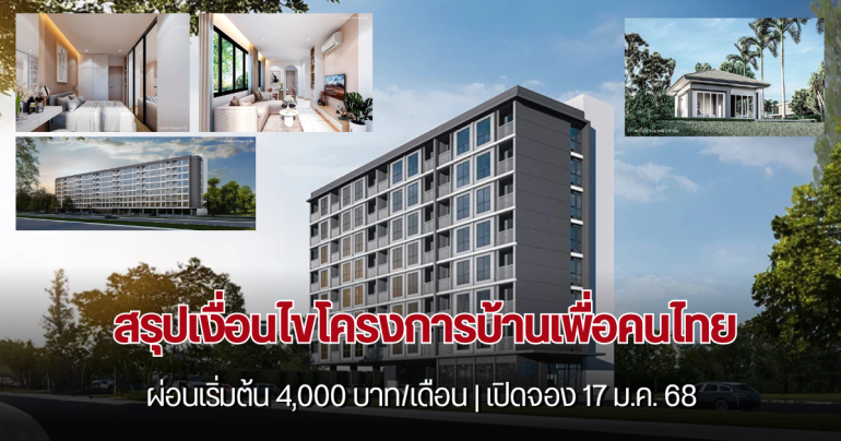 ชมตัวอย่าง บ้านเพื่อคนไทย คอนโด บ้านเดี่ยวราคาถูก ผ่อนน้อย เริ่มต้น 4,000 บาท/เดือน เปิดจอง 17 ม.ค. 68