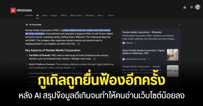 Google โดนสื่อใหญ่ในสหรัฐอเมริกายื่นฟ้อง หลังฟีเจอร์ AI Overviews ถูกมองว่าทำให้คนอ่านเว็บน้อยลง