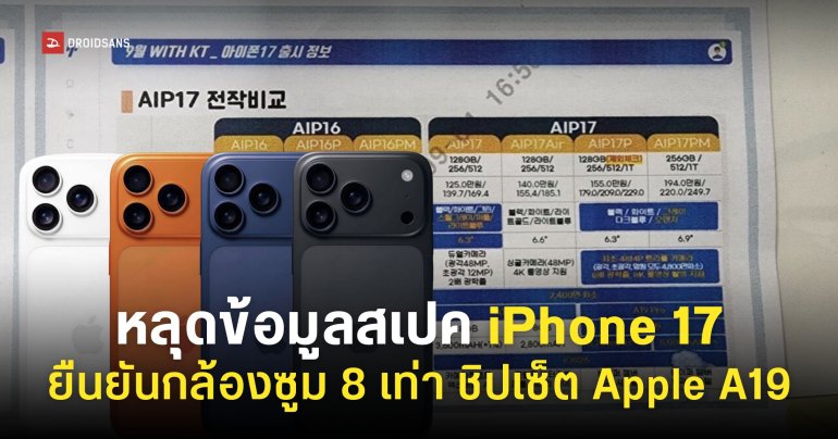 หลุดยกแผง ข้อมูลสเปค iPhone 17 ทุกรุ่น – กล้องซูม 8 เท่า ถ่ายวิดีโอ 8K ชิปใหม่ A19 Pro แบตเตอรี่เยอะกว่าเดิม