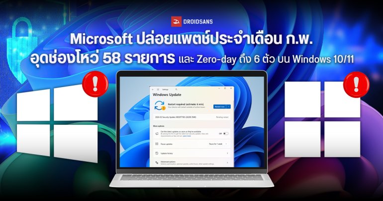 Microsoft ปล่อยอัปเดต Windows 11 ประจำเดือน ก.พ. 2026 อุดช่องโหว่ Zero-Day 6 ตัวและอื่น ๆ รวม 58 รายการ