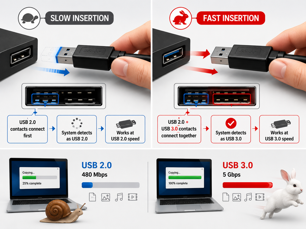 รู้หรือไม่ หากเสียบสาย USB-A 3.0 ช้าเกินไประบบอาจมองเป็น USB 2.0 แทน ทำความเร็วตกฮวบ